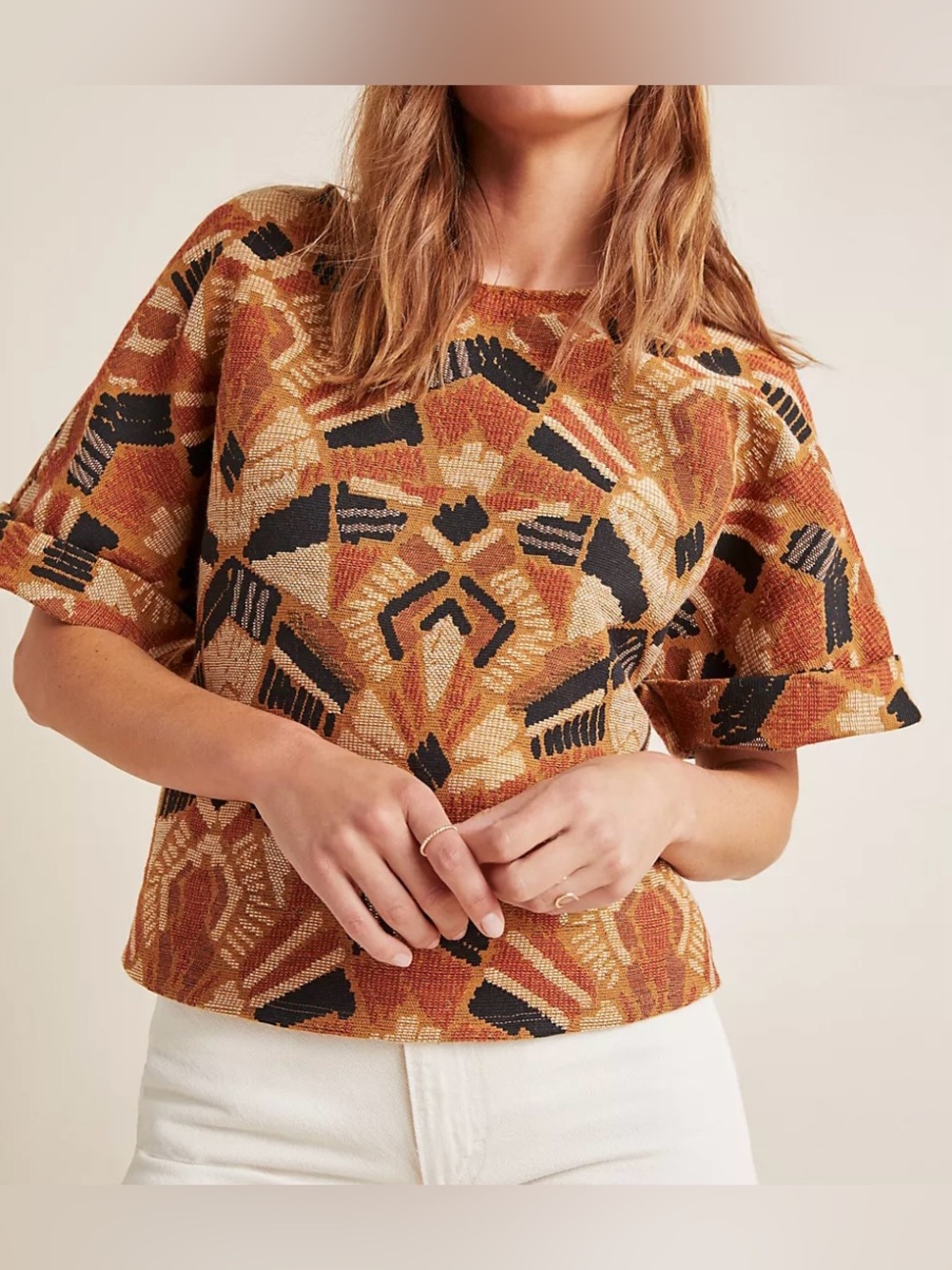 dolan Rust & Black Geometric Textured Short-Sleeve Boxy Blouse - Size XS